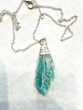 Aqua Kyanite Witch Broom wire wrap necklace  silver tone chain 16”+2” extender